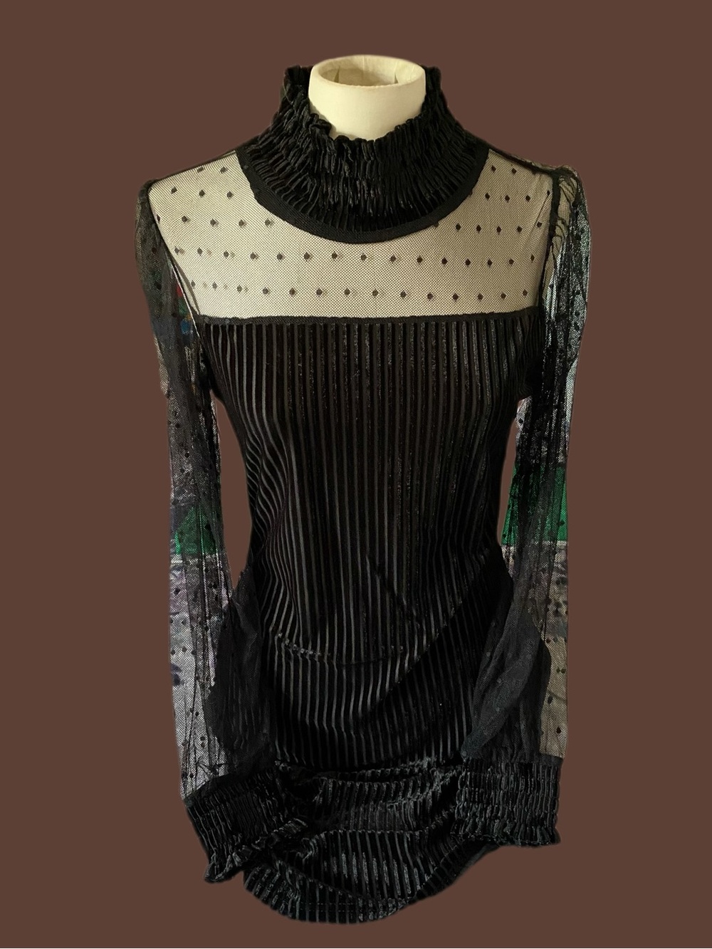 Black Velvet Mesh Mini Dress with High Ruffle Neck